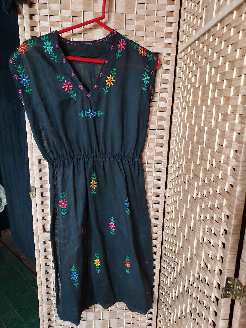 Handmade Embroidered Mexican Dress | Black Floral Boho Midi Dress | Folk Art Cot